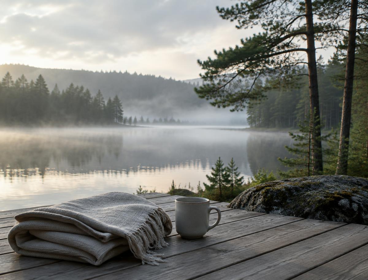 Still alpine lake surrounded by sunlit evergreen forest and misty mountains